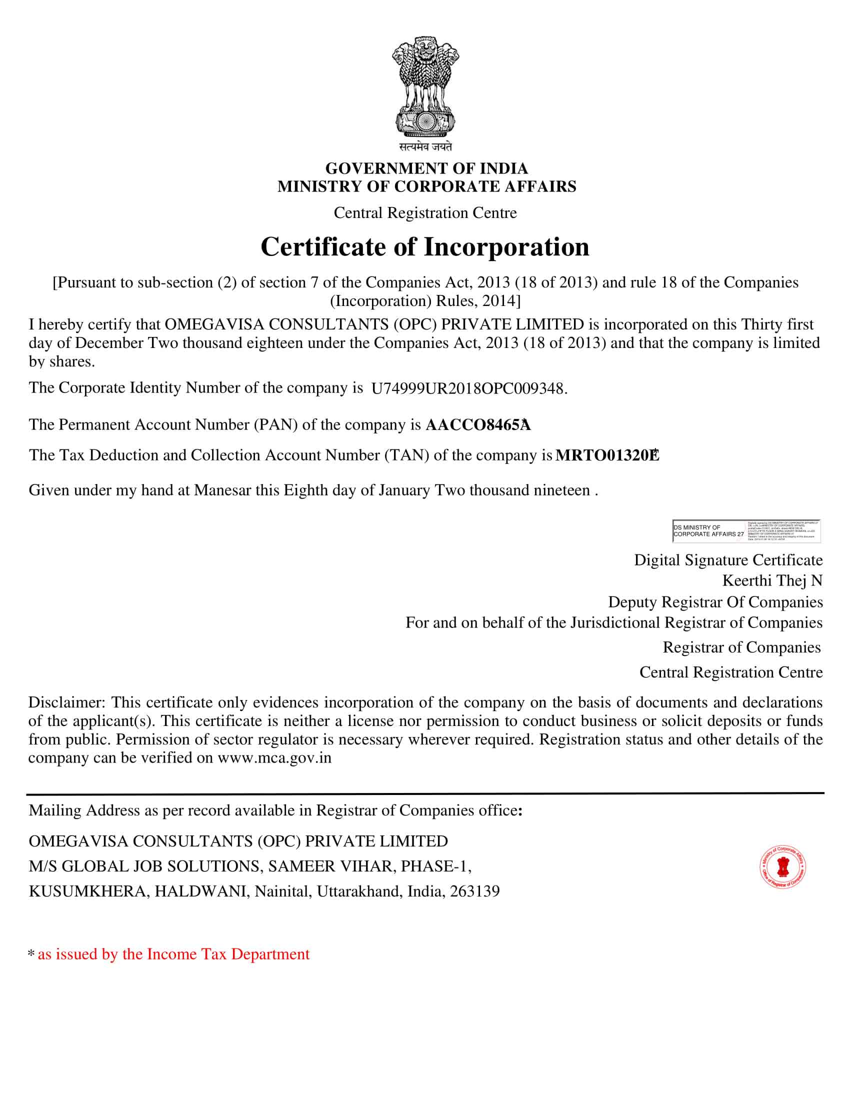 Certificate Of Incorporation My Speedyvisa Immigration Consultants In 